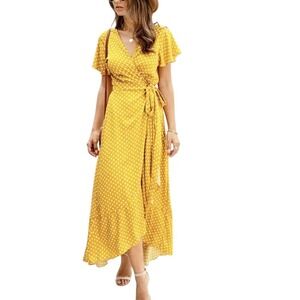 Yacun High Split Polka Dot Wrap Maxi Dress Womens XL V-neck Short Sleeve‎